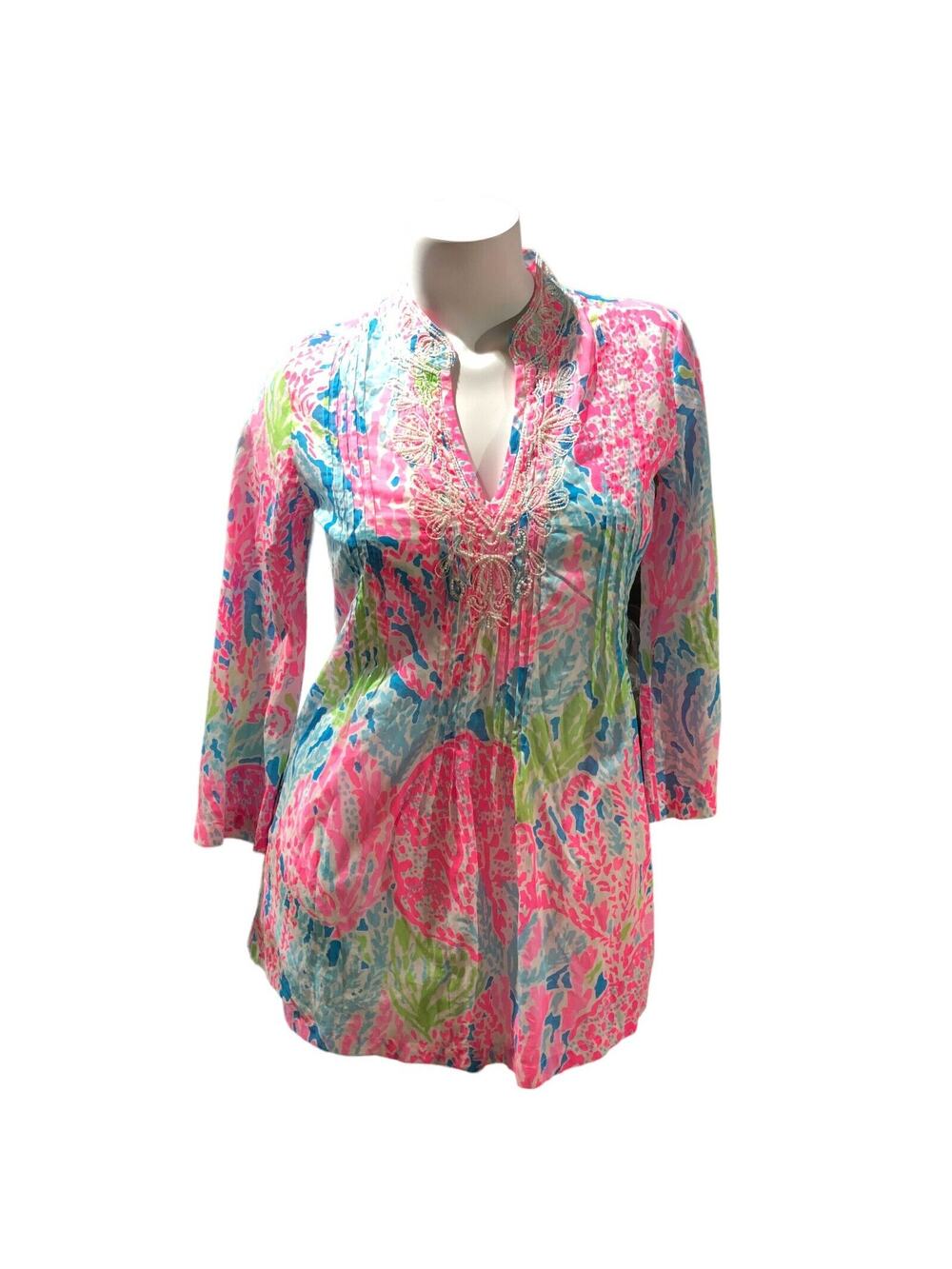 Lilly Pulitzer Let's Cha Cha Sarasota Tunic Blouse Top Beaded Pink Blue Sz Small
